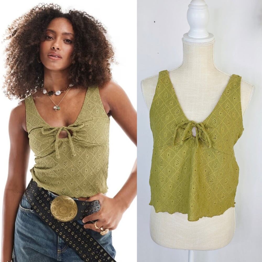 Cotton On Briony Tank Large Green Textured Eyelet Keyhole Festival Fairy Grunge